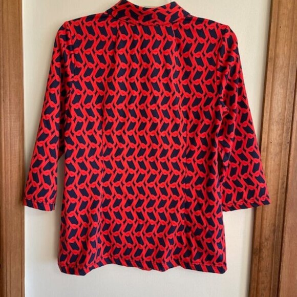 ELIZABETH MCKAY Chain Link Red Blue Pull Over Button Elbow Sleeve Top M - Picture 5 of 17